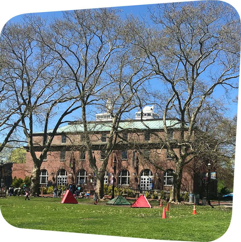 Exterior of museum with trees.