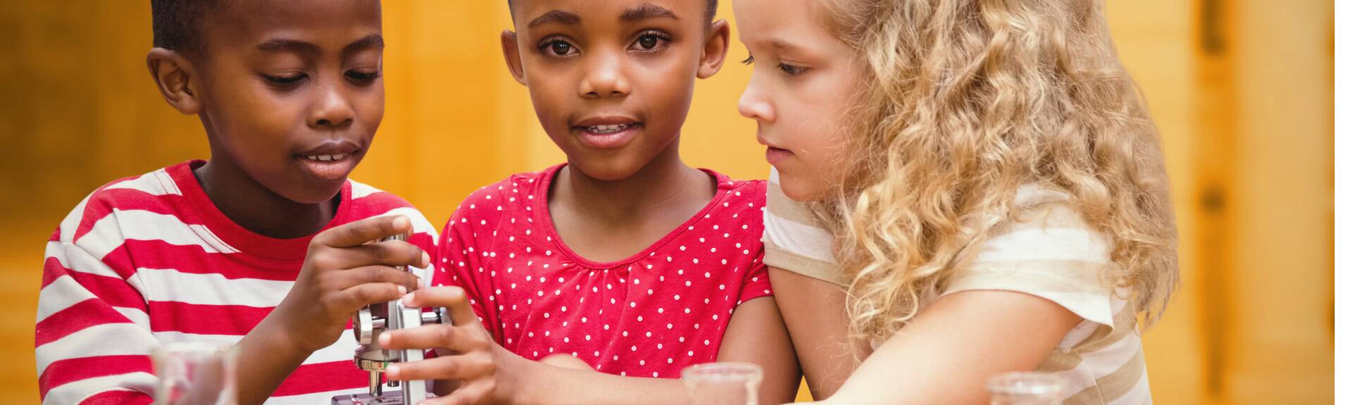 Children studying with microscope