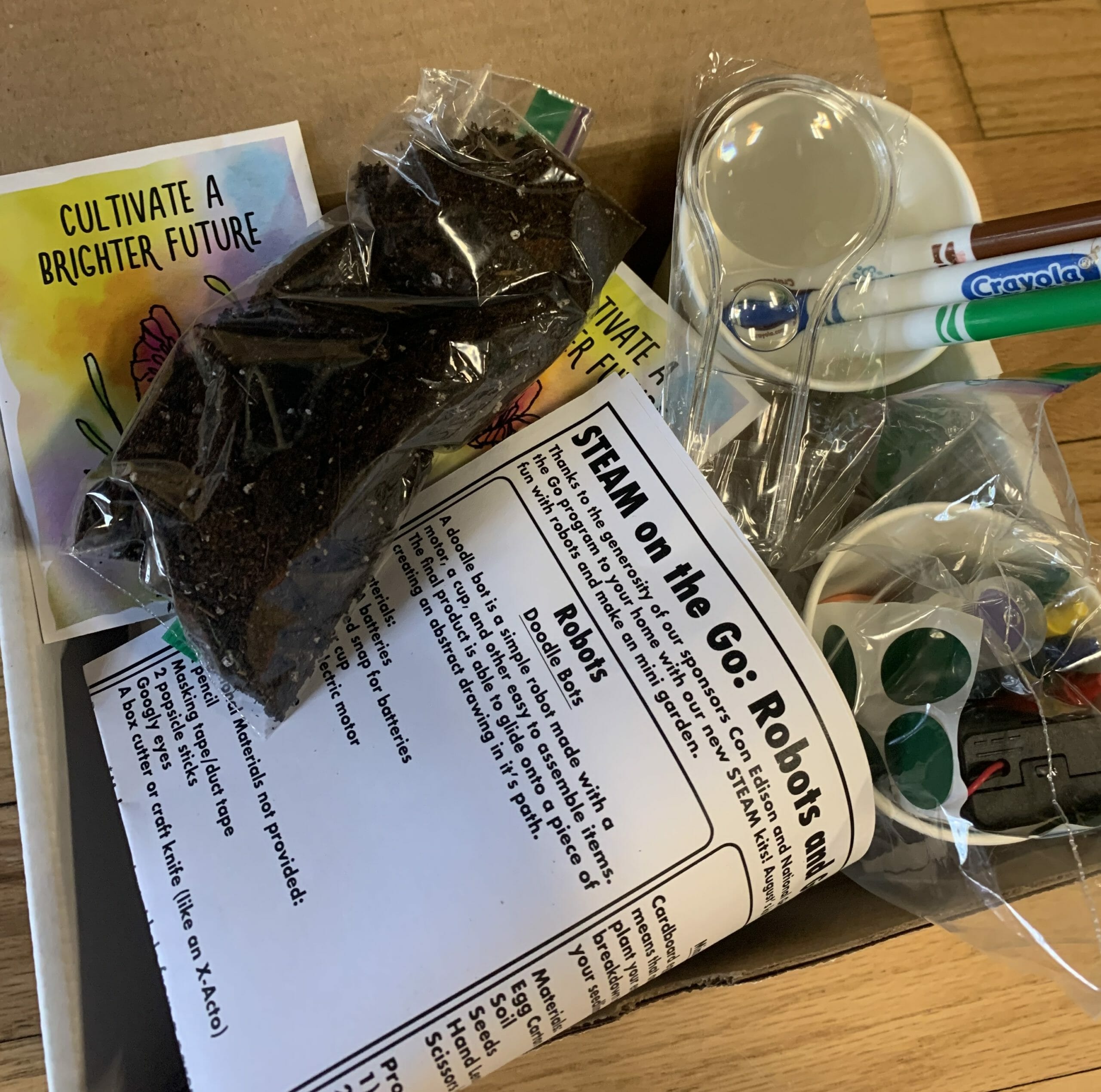 A box of materials for making a Doodle Bot and a Mini Garden