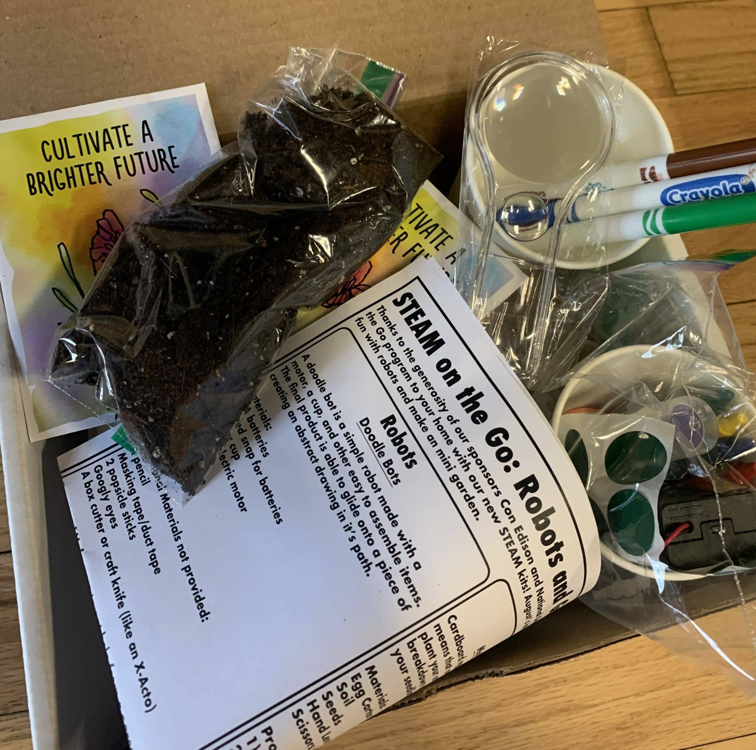 STEAM on the Go Kit A box of materials for making a Doodle Bot and a Mini Garden