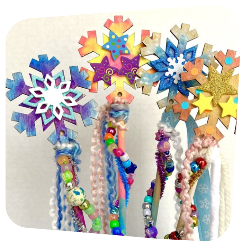 Snowflake wands made from recycled materials