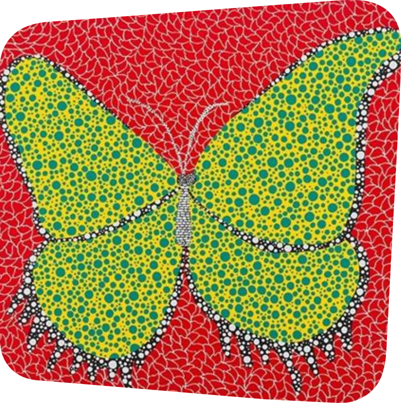 print of yellow butterfly with green polka dots outlined with black and white polka dots on a red background fractured with white lines