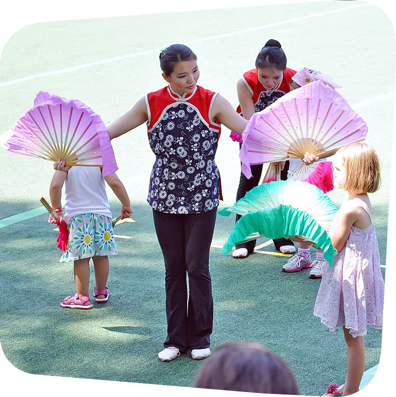 two women leading two children in Chinese dance