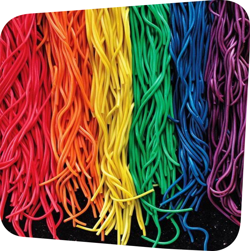 strings of pasta dyed rainbow colors