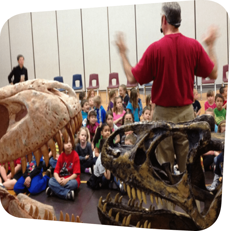 class looking expectantly at speaker who has their back to us, with dinosaur skulls in the foreground