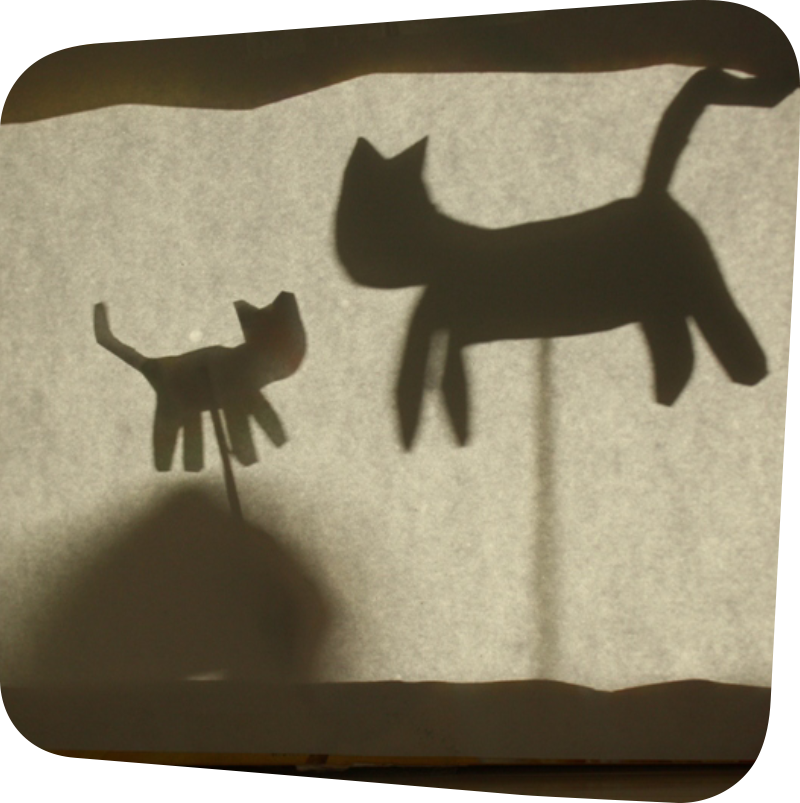 large cat and small cat shadow puppets behind a screen
