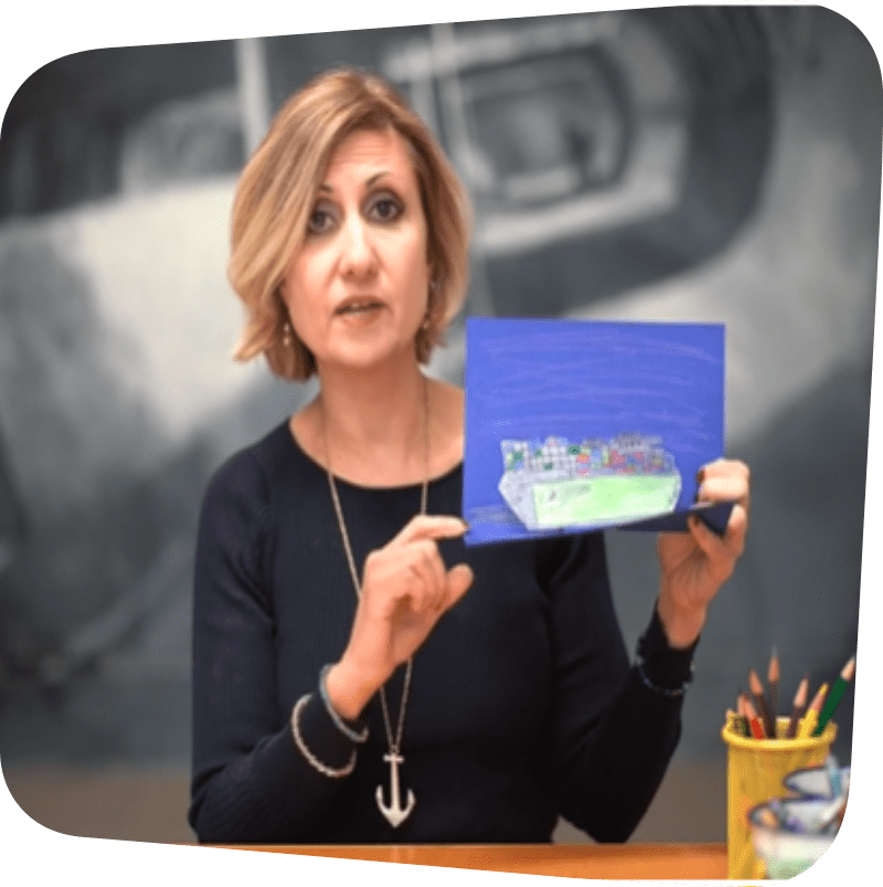 Dawn Daniels displaying a pop up with a ship on it