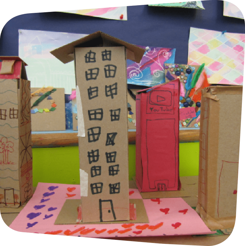 4 cardboard skyscrapers created in the Walk in! Workshop