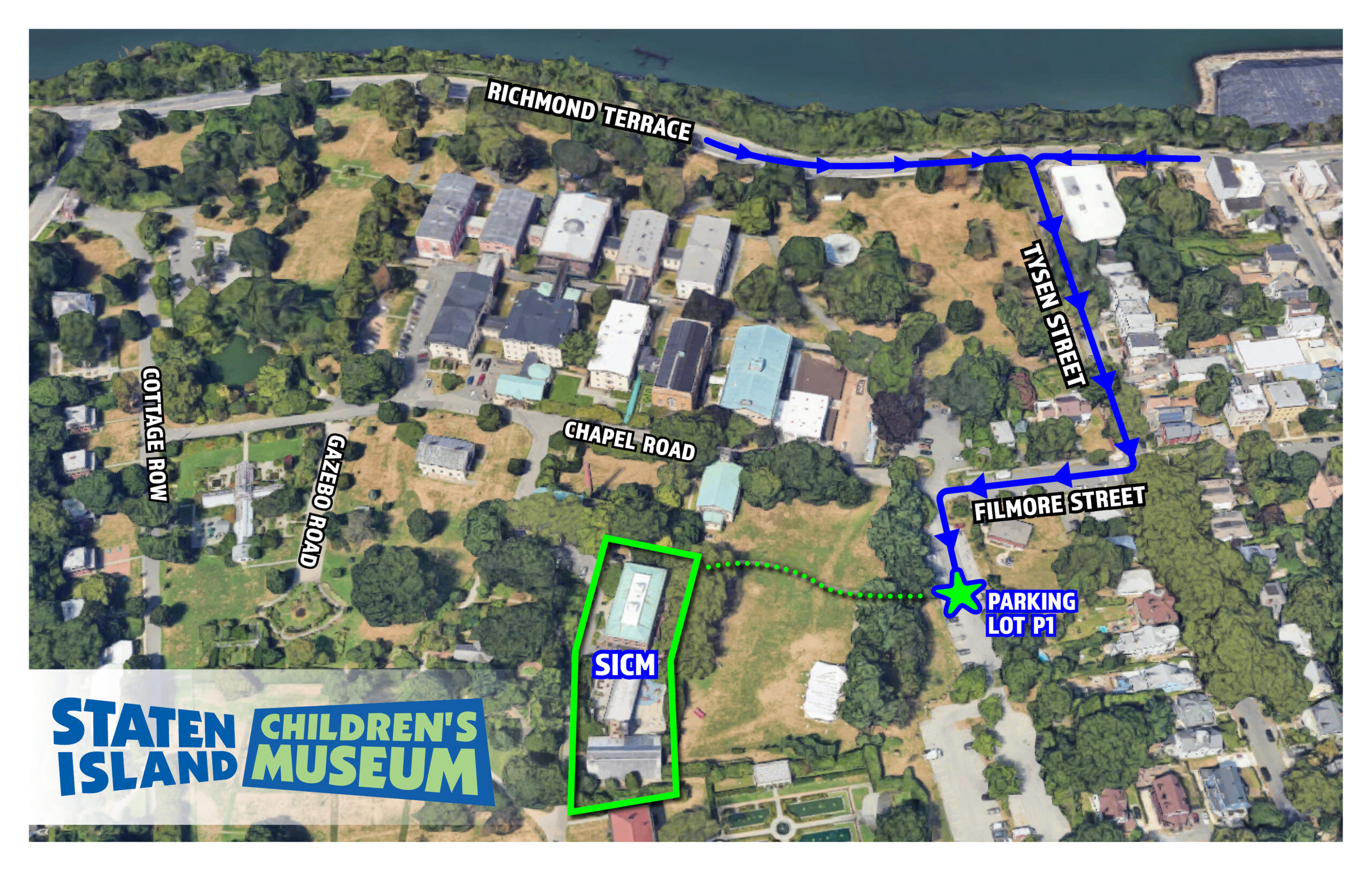 An aerial image of the campus of Snug Harbor with bright lines directing the viewer along Richmond Terrace to turn onto Tysen St., then right onto Fillmore St. the left into Parking Lot P1. After parking follow the stone path to the Children's Museum