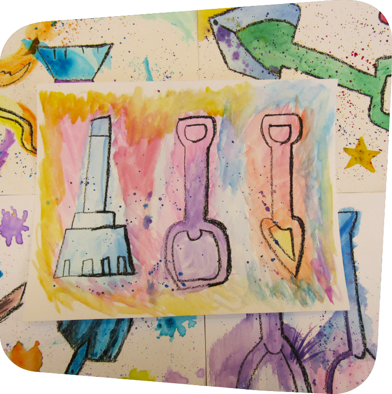 Collage of shovel art pieces drawn in black crayon and painted vibrant colors such as pink, yellow, blue, purple, green.